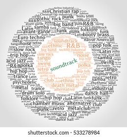 Soundtrack. Word cloud, circles, gradient grey background. Musical styles.