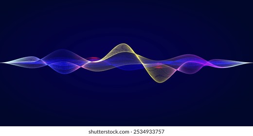 Ilustração de frequência do equalizador de áudio digital Soundwave, linhas de ondas abstratas coloridas brilhando no fundo escuro