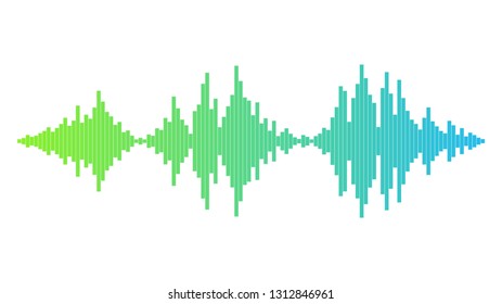 Soundwave with green and blue gradient. Audio equalizer technology, pulse musical. Music wave. Sound frequencies. Template design for club, radio, pub, party, concerts, recitals. Vector illustration