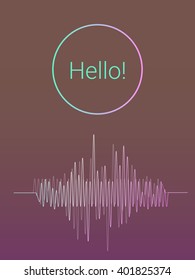 soundwave on violet background. intelligent personal assistant. voice control. text: hello. vector illustration