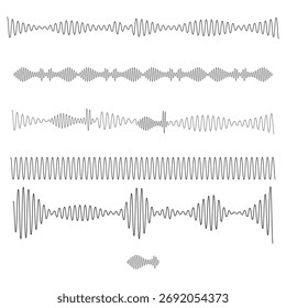 Ilustração de linha de vetor de onda sonora. Set, coleção de música, podcasts, visualização de áudio e design. Fundo branco.