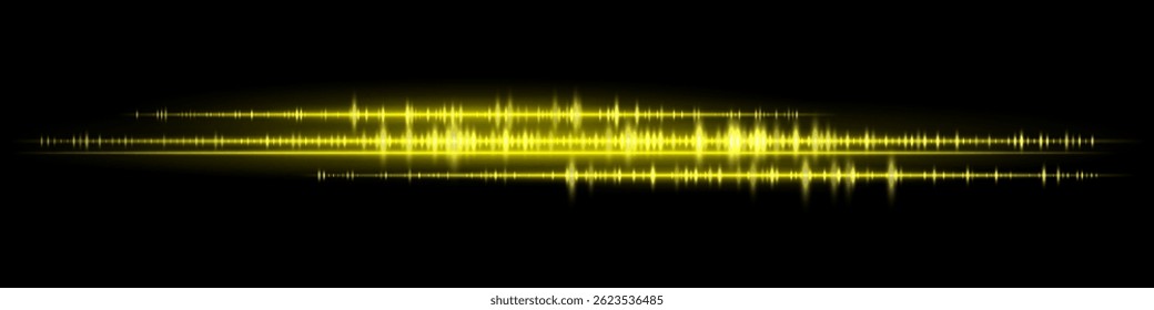 Soundwave. Forma de onda de áudio brilhante amarela com reflexão sobre fundo escuro. Adequado para análise de som, design de podcast, streaming de música, gravação de áudio e interface técnica.