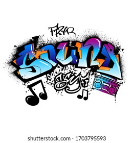 Soundword drawing in graffiti style with text Forever, sky fi, notes sign and music record player. Vector illustration for t shirt design