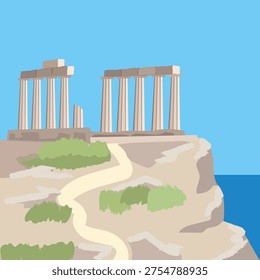 Sounio, Temple of Poseidon overlooking the Aegean Sea and blue sky. Greek mythology and archaeology. Vector illustration. Acient Greece.