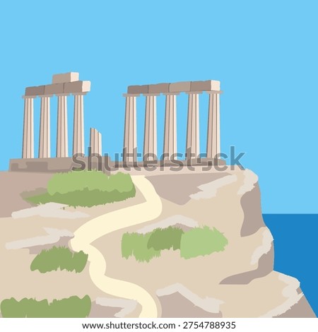 Sounio, Temple of Poseidon overlooking the Aegean Sea and blue sky. Greek mythology and archaeology. Vector illustration. Acient Greece.