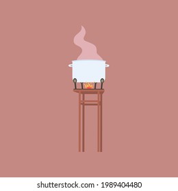 The soup is being cooked on low heat. Flat vector illustration.