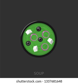 Soup. Soup With Black Olives, Onion And Chees Feta In A Black Bowl Top View Vector Illustration