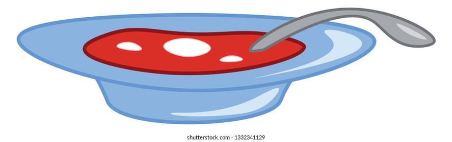 A soup in a blue plate with a silver gray spoon, vector, color drawing or illustration.