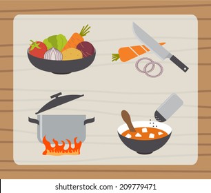 Soup (borsch) making process, preparing food icons set. Flat design vector