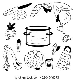 Soup borscht. Ingredients for soup, saucepan, ladle, vegetable grater, knife. Cartoon vector black and white  illustration.