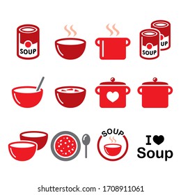 Soup in bowl, can and pot - food vector icon set, cooking, restaurant. Vector color icons collection of soup isolated on white design