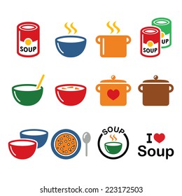 Soup in bowl, can and pot - food icon set 