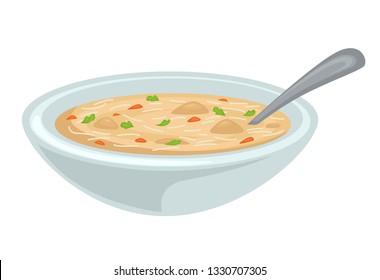 Soup in bowl chicken broth or bouillon poultry meat and vegetables vector isolated dish noodles and greenery liquid hot meal with spoon lunch main course homemade food