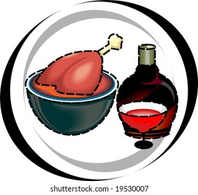 soup in a bowl and chicken dish	