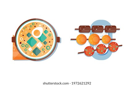 Soup in Bowl and Deep Fried Meat Balls Flat Icon Vector Set