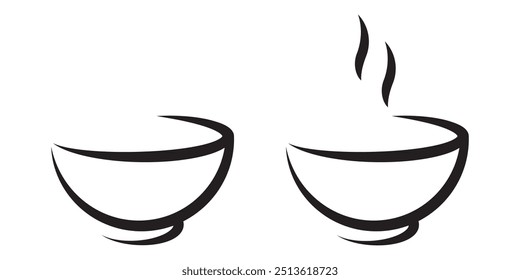 Soup bowl dishware outline art vector icon for food apps and websites. Flat style bowl icon in black line art. 