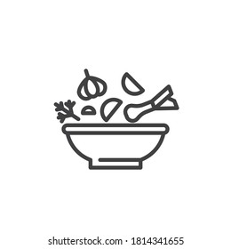 Soup bowl with herbs and vegetable line icon. linear style sign for mobile concept and web design. Fresh soup bowl outline vector icon. Symbol, logo illustration. Vector graphics