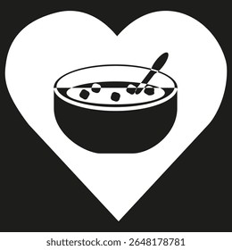Soup bowl icon. Heart frame symbol. Vector hot meal. Black culinary design.