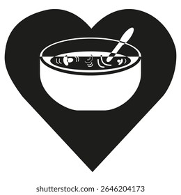 Soup bowl icon. Heart shape background. Food vector symbol. Delicious meal image.