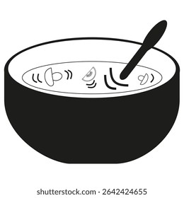 Soup bowl icon. Hot food vector. Spoon mushroom shape. Black white illustration.