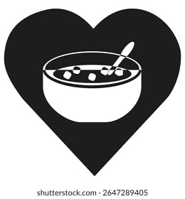 Soup bowl icon. Hot meal symbol. Black heart background. Vector illustration.