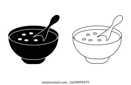 Soup bowl icon vector set with spoon. Silhouette of soup bowl vector symbol, steam food, soup plate, hot food design. Vector illustration.