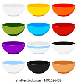 Soup Bowl Icons Set Isolated On White Background. Empty Colorful Ceramic Dishes Collection - Red, White, Green, Blue, Yellow, With Border. Flat Design Clean Dinner Plate Icon. Vector Dish Illustration