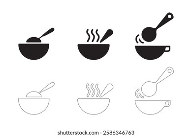 Soup Bowl icons set simple clean and smooth Solid and Outline Styles vector icons in black on a white background.
