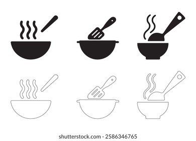 Soup Bowl icons set simple clean and smooth Solid and Outline Styles vector icons in black on a white background.
