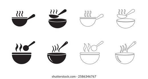 Soup Bowl icons set simple clean and smooth Solid and Outline Styles vector icons in black on a white background.
