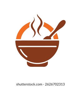 Soup Bowl and Spoon Icon Logo with Steam Lines for Cafe