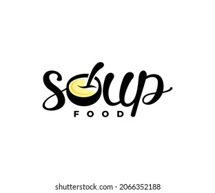 Soup, bowl with spoon, ramen soup, wordmark, lettering and typography, logo design. Food, meal, restaurant, catering and canteen, vector design and illustration