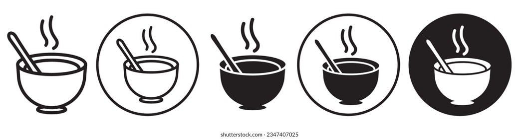 Soup Bowl symbol Icon. Steam soup in pot or cup with spoon and hot air or vapor coming out of it. Vector set of Traditional Chinese pasta or noodle with curry serving in dinner or lunch