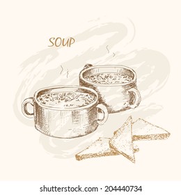 Soup   bread  Hand drawn graphic illustration