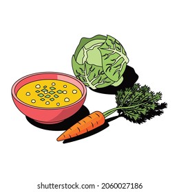 Soup cabbage carrots. Vector 3d sketch line isometric style, color icon illustration. Creative design idea and infographics elements.