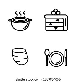 Soup, cake, potato, and plate, with a outline style vector