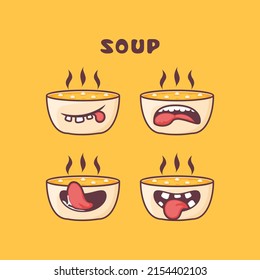 soup cartoon. food vector illustration. with different mouth expressions. cute cartoon
