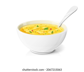 Soup in ceramic bowl spoon. Dinner food. Puree. Isolated on white background. Vector illustration.