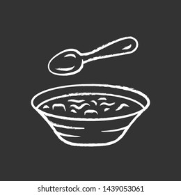 Soup chalk icon  Bowl   spoon  kitchenware  Hot steaming soup plate  First meal  Healthy diet  Nutritious meal  Bistro  restaurant  cafe menu  Isolated vector chalkboard illustration