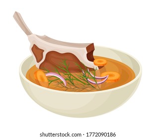 Soup Consisting Of Mutton, Vegetables, Rice And Spices Poured In Bowl Side View Vector Illustration