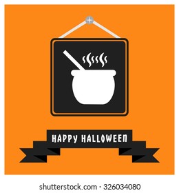 Soup cooking in cauldron icon. Black Happy Halloween Ribbon Banner on Orange background. Vector illustration
