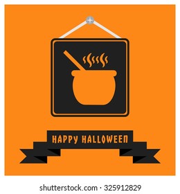 Soup cooking on halloween. Black Happy Halloween Ribbon Banner on Orange background. Vector illustration