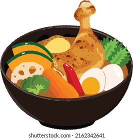 Soup curry is one of the Japanese curry dishes. It features a spicy aroma, stimulus, spicy soup, and large-sized ingredients. 