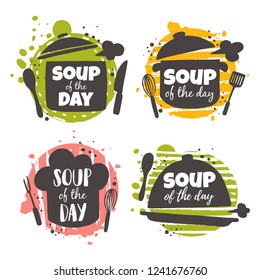 Soup of the day. Food concept design. Hand drawn vector illustration. Can be used for cafe, market, menu, shop, barbeque, bar, restaurant, poster, label, sticker, logo.