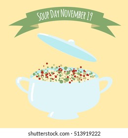 Soup day. Stock vector illustration with a bowl full of hot soup  for restaurant menu, decoration, food advertisement.