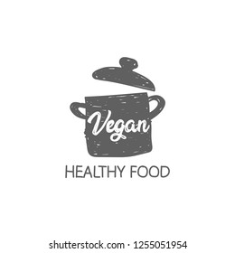 Soup of the day, vegan, sketch style cooking lettering icon, emblem. For badges, labels, logo, restaurant, menu, kitchen classes, cafe, food studio. Hand drawn vector illustration. EPS 10.