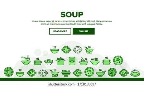 Sopa Diferentes Recetas Landing Página Web Encabezado Vector de Plantilla de Banner. Sopa Deliciosa Con Hortalizas Y Setas, Con Pescado Y Camarones Ilustración