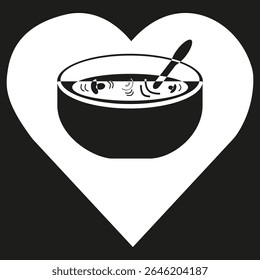 Soup dish icon. Black heart background. Vector meal image. Warm food symbol.