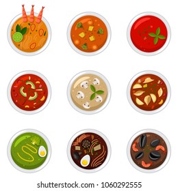 Soup in dish top view. Food vector cartoon flat icon set isolated on a white background.