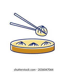 Soup Dumplings in bamboo basket flat icon. Steamed Xiao Long Ba. Taiwanese cuisine. Oriental custom. Asian item. Color filled symbol. Isolated vector illustration
